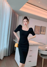 Square Neck Puff Sleeves Midi Dress